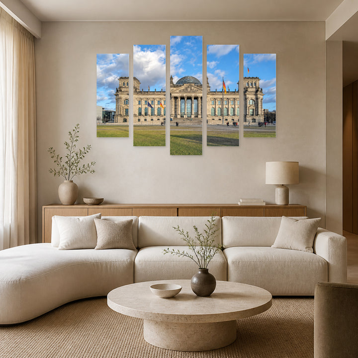 Reichstag Building in Berlin with Geometric Rhythm — five-panel wall art in frontal interior | 5wallart 52455 M3