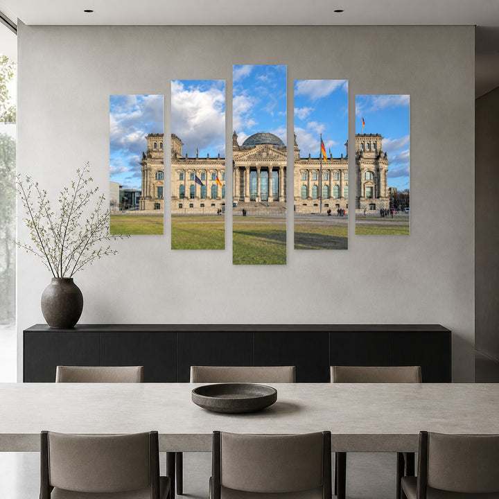Reichstag Building in Berlin with Geometric Rhythm — five-panel wall art in alternate frontal interior | 5wallart 52455 M4