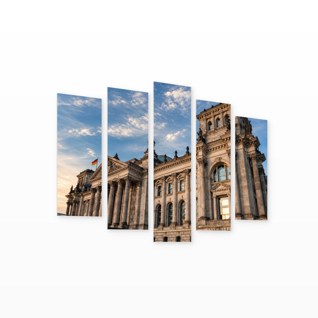 Reichstag Building with Geometric Rhythm — five-panel wall art on white background in perspective | 5wallart 52457 M1