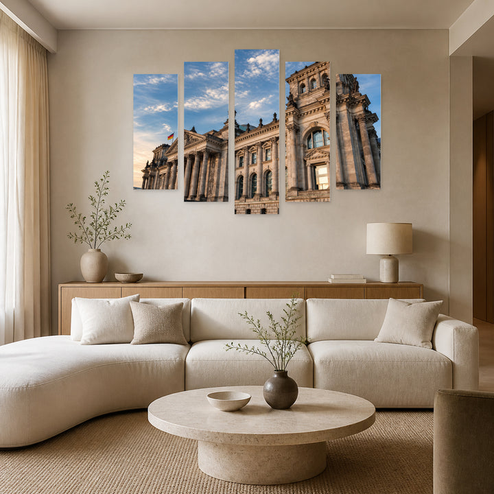 Reichstag Building with Geometric Rhythm — five-panel wall art in frontal interior | 5wallart 52457 M3