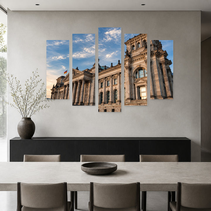 Reichstag Building with Geometric Rhythm — five-panel wall art in alternate frontal interior | 5wallart 52457 M4