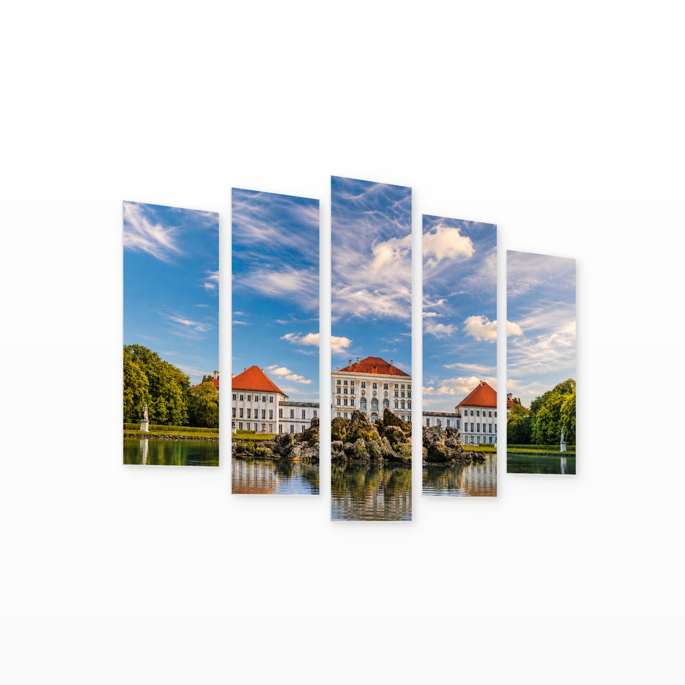 Nymphenburg Castle in Munich in Blue and Gold — five-panel wall art on white background in perspective | 5wallart 52460 M1