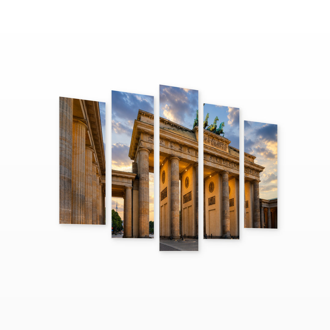 Brandenburg Gate in Blue and Gold — five-panel wall art on white background in perspective | 5wallart 52461 M1