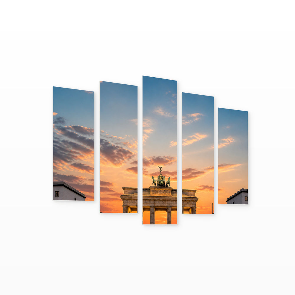 Golden Sunset over Brandenburg Gate — five-panel wall art on white background in perspective | 5wallart 52463 M1