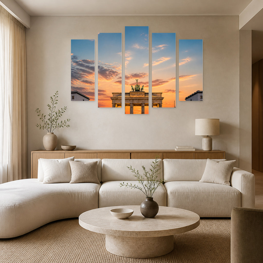 Golden Sunset over Brandenburg Gate — five-panel wall art in frontal interior | 5wallart 52463 M3