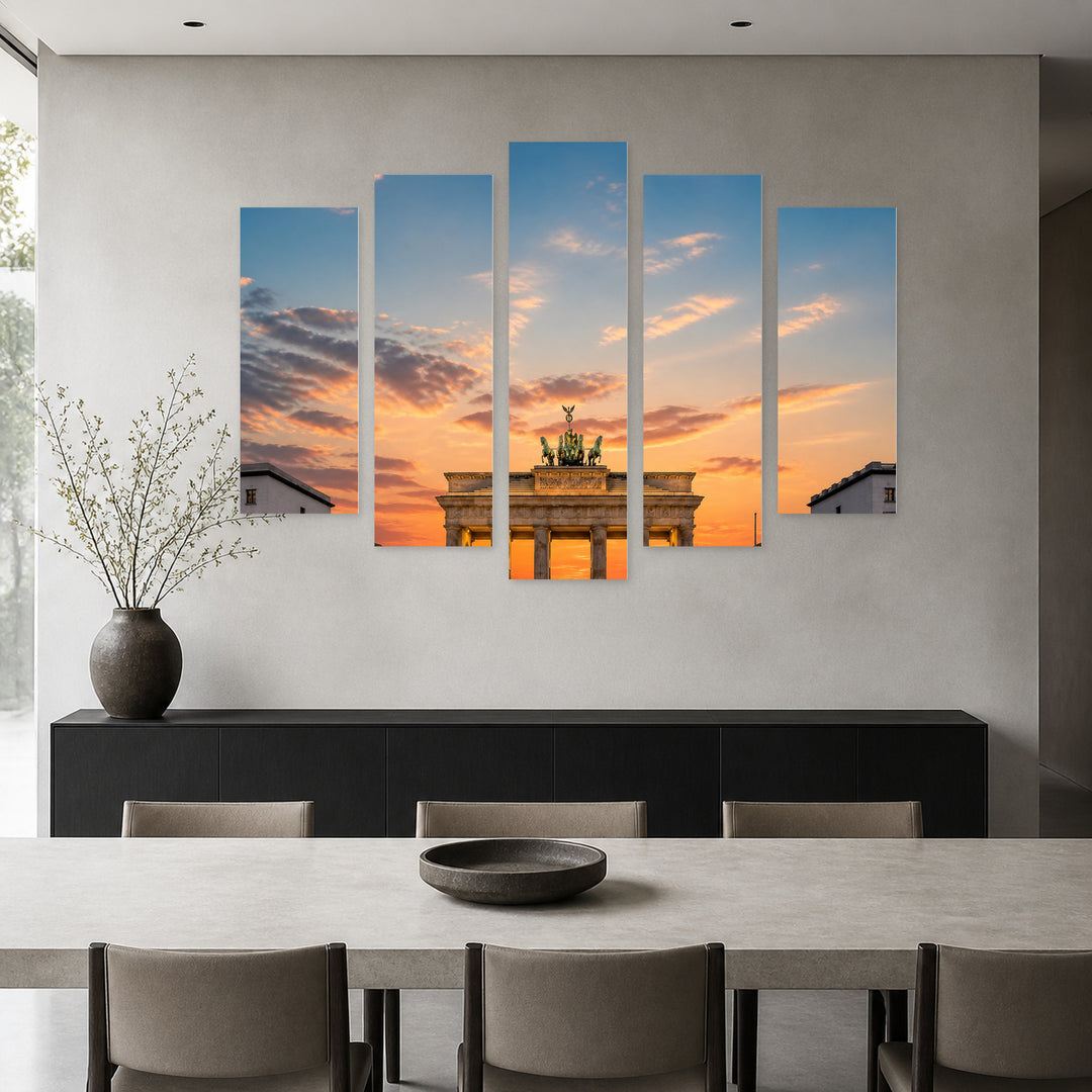 Golden Sunset over Brandenburg Gate — five-panel wall art in alternate frontal interior | 5wallart 52463 M4
