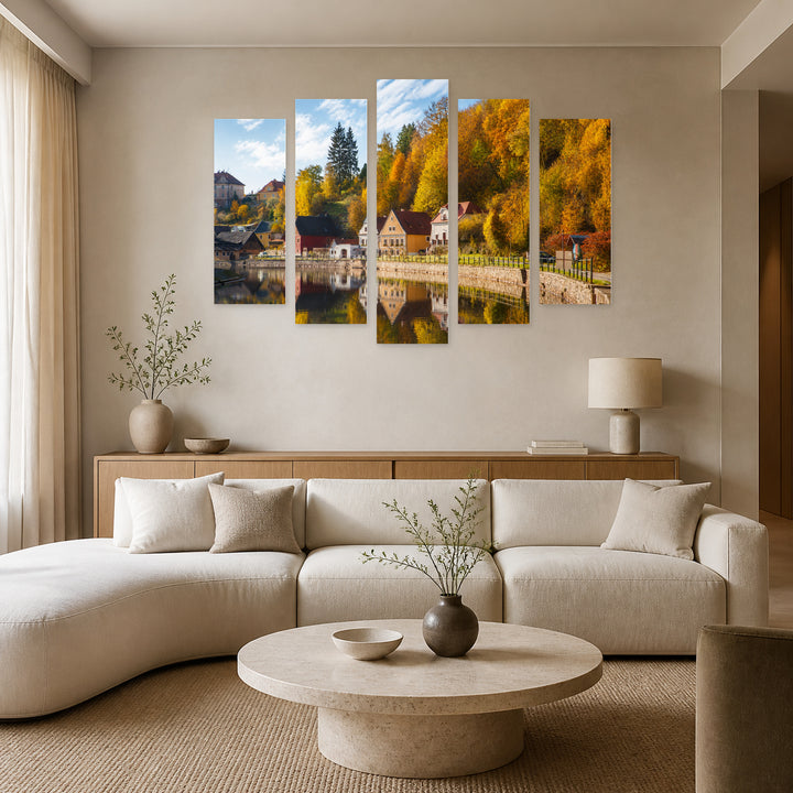 Idyllic Autumn Morning in Serene Light — five-panel wall art in alternate frontal interior | 5wallart 52470 M4