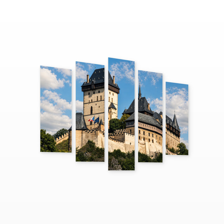 Karlštejn in Blue and Gold — five-panel wall art on white background in perspective | 5wallart 52474 M1