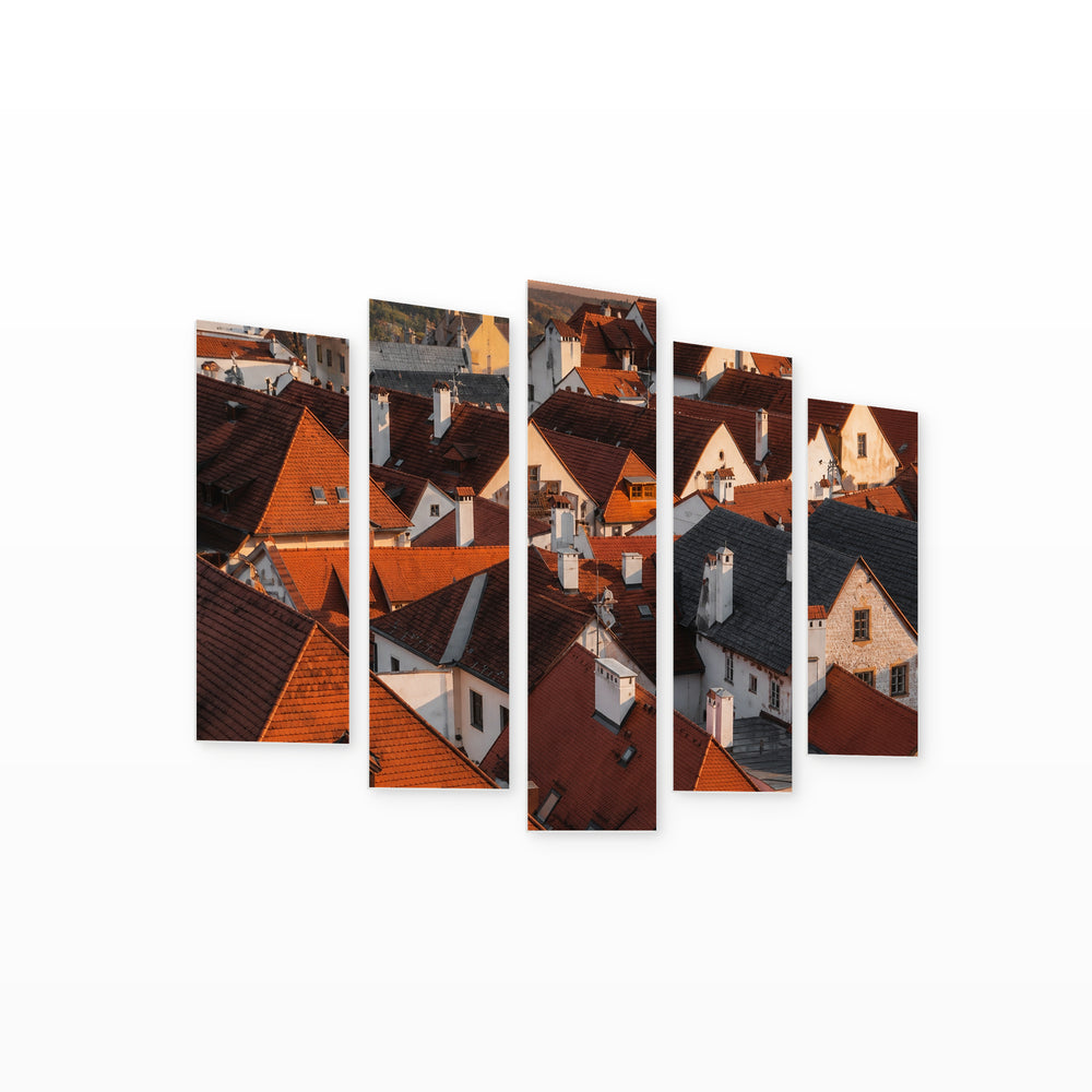 House Roofs at Golden Sunset — five-panel wall art on white background in perspective | 5wallart 52480 M1
