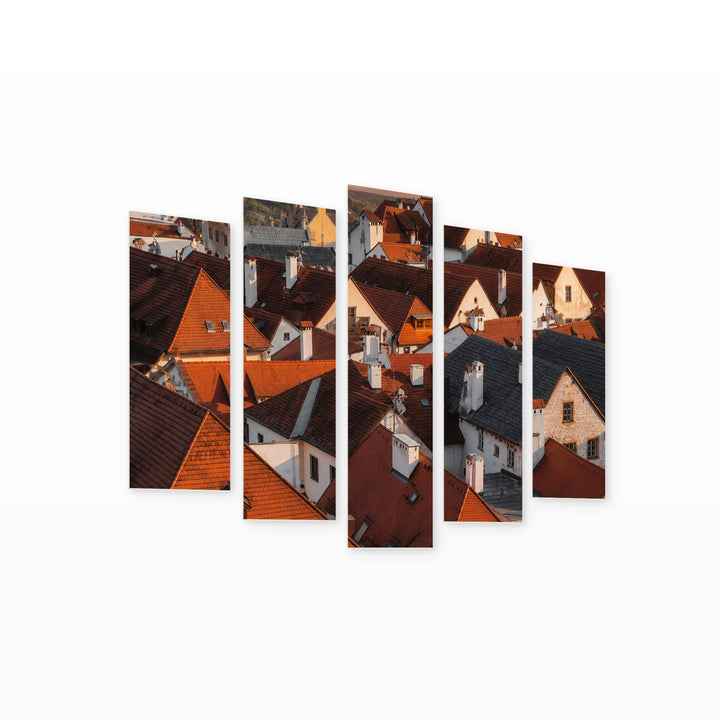 House Roofs at Golden Sunset — five-panel wall art on white background in perspective | 5wallart 52480 M1