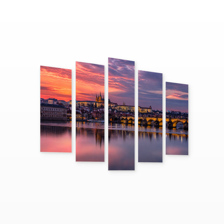 Sunset with a Colorful Picturesque Sky Landscape Study — five-panel wall art on white background in perspective | 5wallart 52483 M1