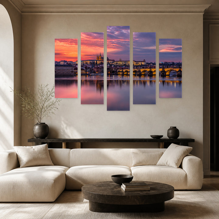 Sunset with a Colorful Picturesque Sky Landscape Study — five-panel wall art in frontal interior | 5wallart 52483 M3