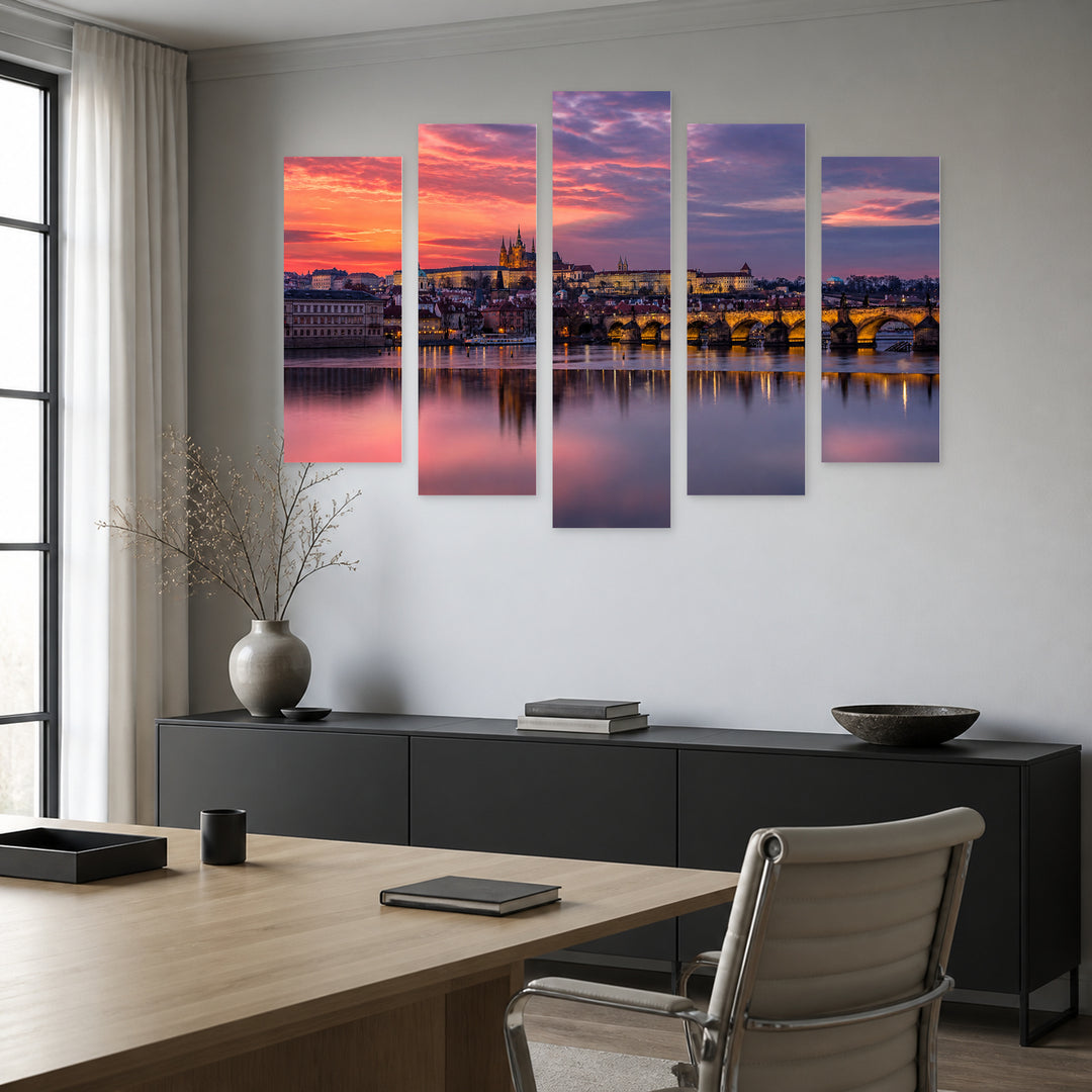 Sunset with a Colorful Picturesque Sky Landscape Study — five-panel wall art in alternate frontal interior | 5wallart 52483 M4