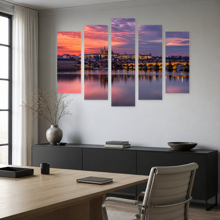 Sunset with a Colorful Picturesque Sky Landscape Study — five-panel wall art in alternate frontal interior | 5wallart 52483 M4