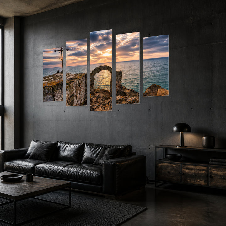 Dramatic Sunrise at Kaliakra in Serene Light — five-panel wall art in perspective interior | 5wallart 52492 M2