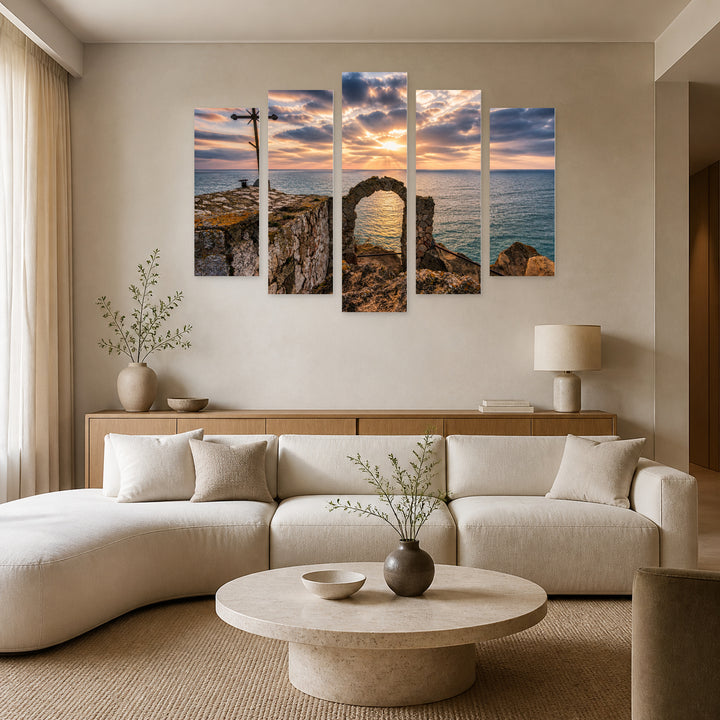 Dramatic Sunrise at Kaliakra in Serene Light — five-panel wall art in alternate frontal interior | 5wallart 52492 M4
