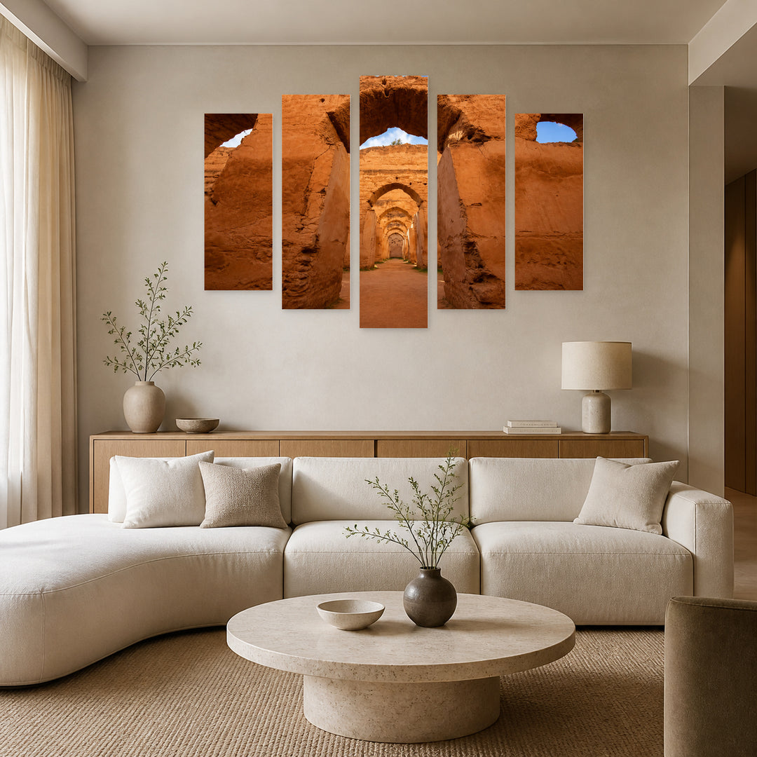 Ancient Ruined Arches in Serene Light — five-panel wall art in frontal interior | 5wallart 52501 M3