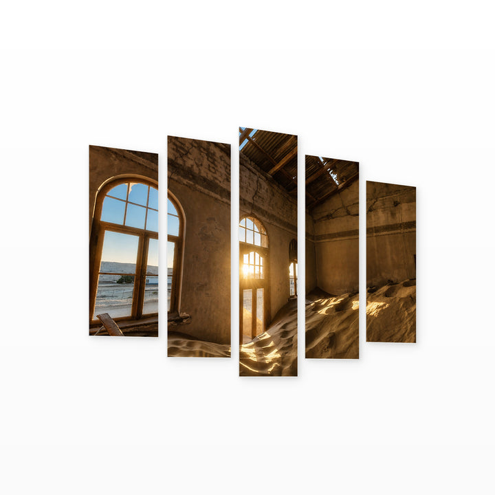 Kolmanskop Desert Diamond in Serene Light — five-panel wall art on white background in perspective | 5wallart 52506 M1