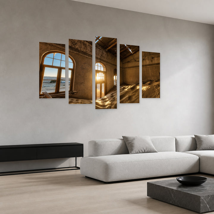 Kolmanskop Desert Diamond in Serene Light — five-panel wall art in perspective interior | 5wallart 52506 M2