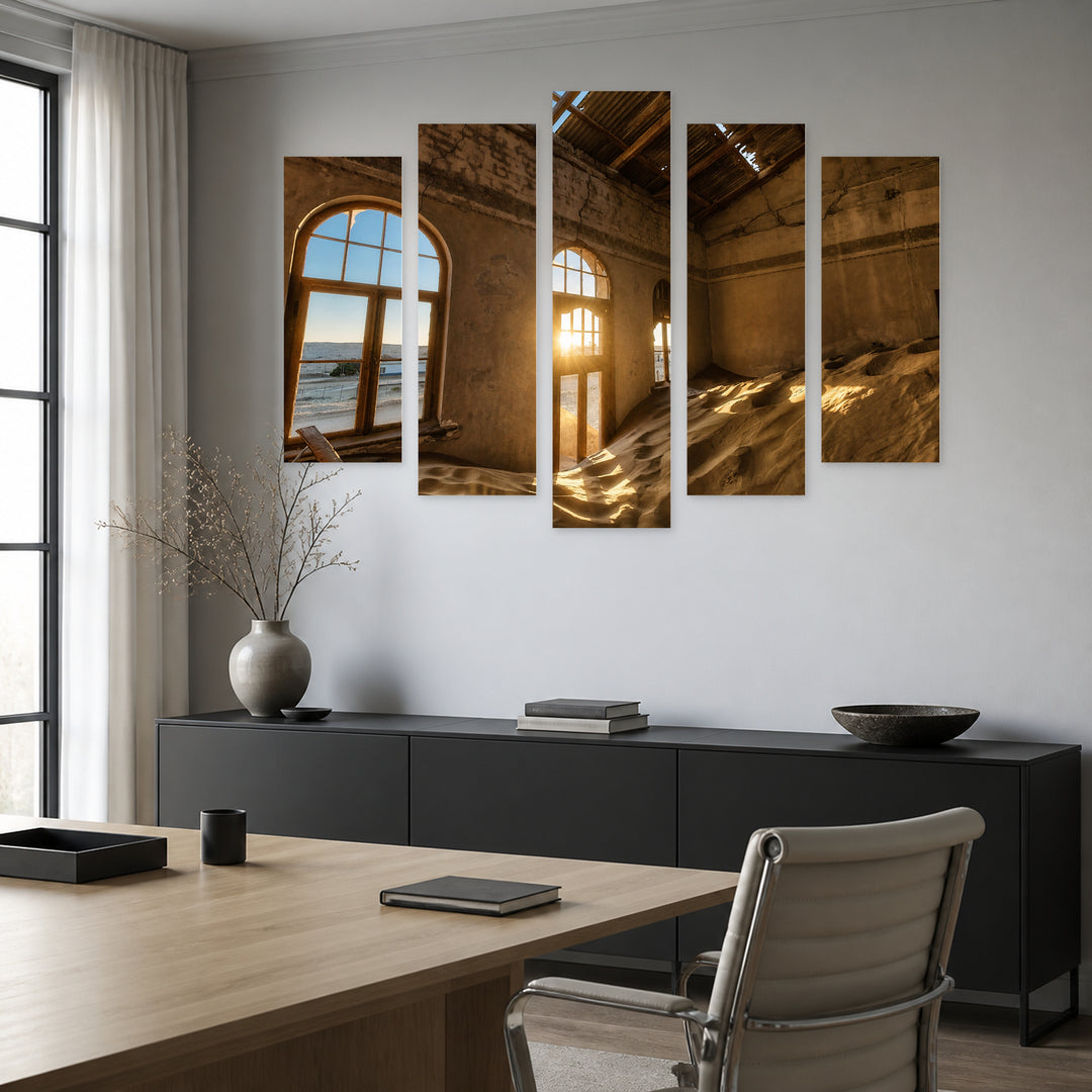 Kolmanskop Desert Diamond in Serene Light — five-panel wall art in frontal interior | 5wallart 52506 M3