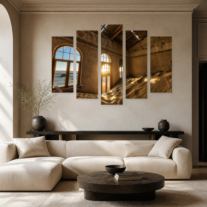 Kolmanskop Desert Diamond in Serene Light — five-panel wall art in alternate frontal interior | 5wallart 52506 M4