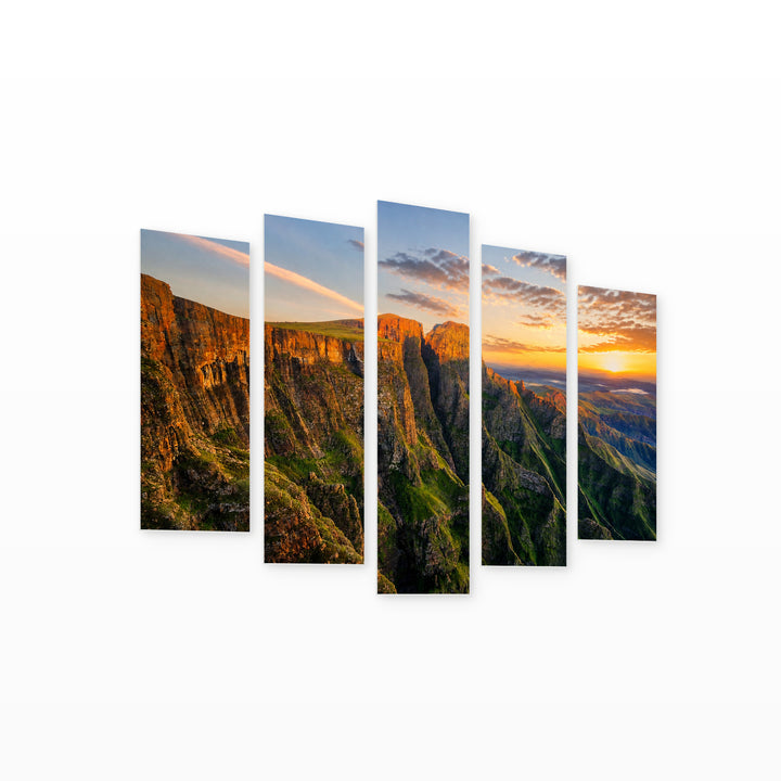 Drakensberg Amphitheater in South Africa at Golden Sunset — five-panel wall art on white background in perspective | 5wallart 52507 M1