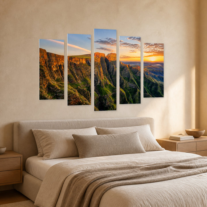 Drakensberg Amphitheater in South Africa at Golden Sunset — five-panel wall art in perspective interior | 5wallart 52507 M2