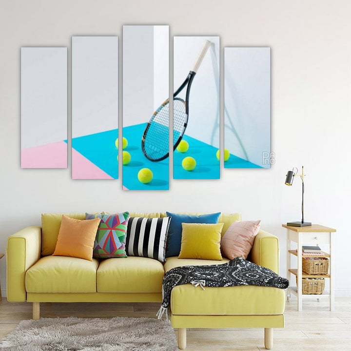 Tennis Racket on Colorful Background – five-piece modular wall art