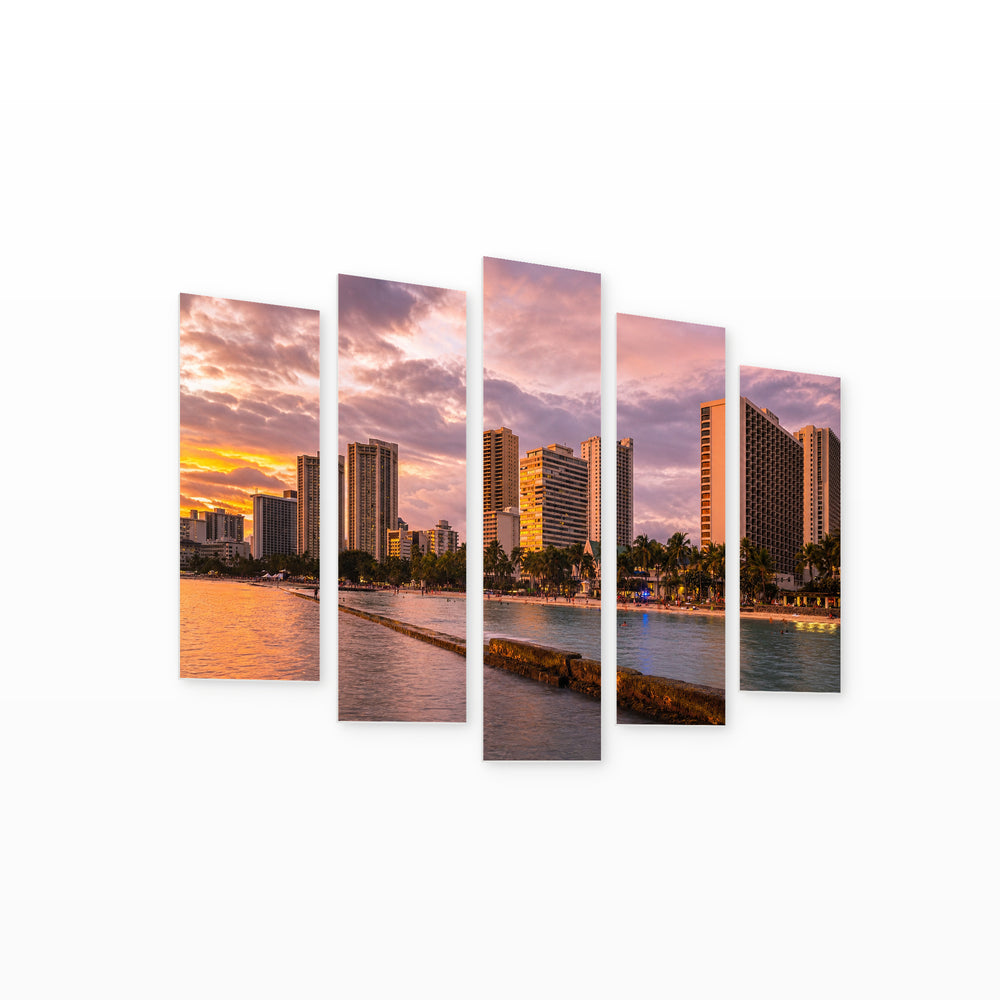 Sunset in Honolulu at Waikiki in Serene Light — five-panel wall art on white background in perspective | 5wallart 52530 M1