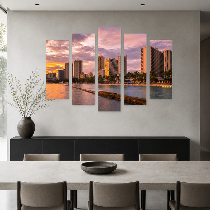 Sunset in Honolulu at Waikiki in Serene Light — five-panel wall art in frontal interior | 5wallart 52530 M3