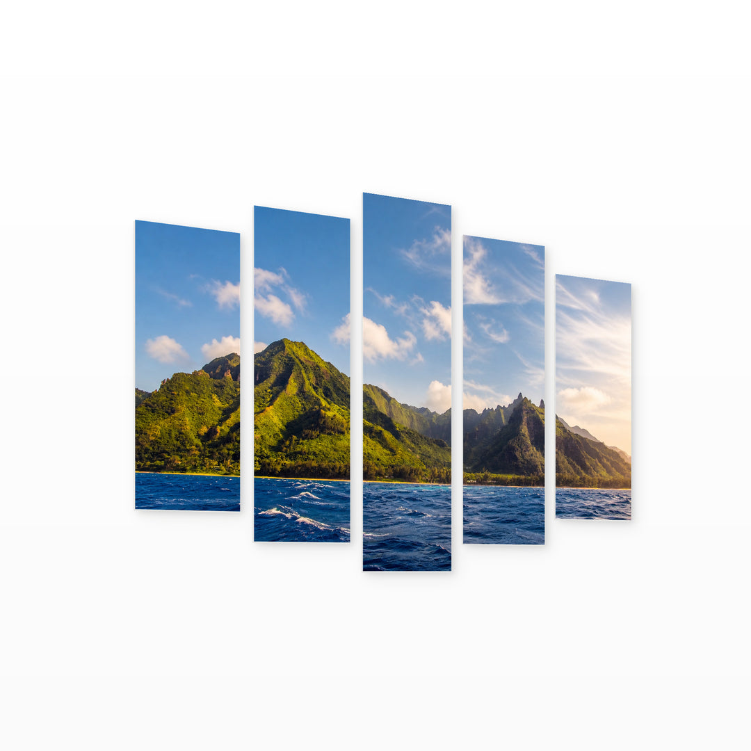 Pali Coast Landscape in Serene Light — five-panel wall art on white background in perspective | 5wallart 52537 M1