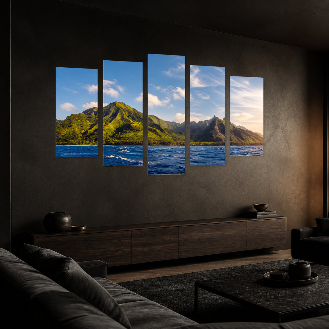 Pali Coast Landscape in Serene Light — five-panel wall art in perspective interior | 5wallart 52537 M2