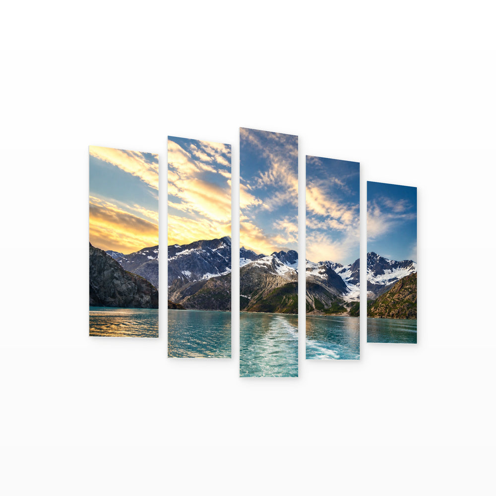Mountains in Alaska in Blue and Gold — five-panel wall art on white background in perspective | 5wallart 52545 M1