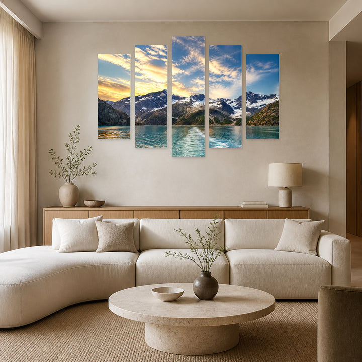 Mountains in Alaska in Blue and Gold — five-panel wall art in frontal interior | 5wallart 52545 M3