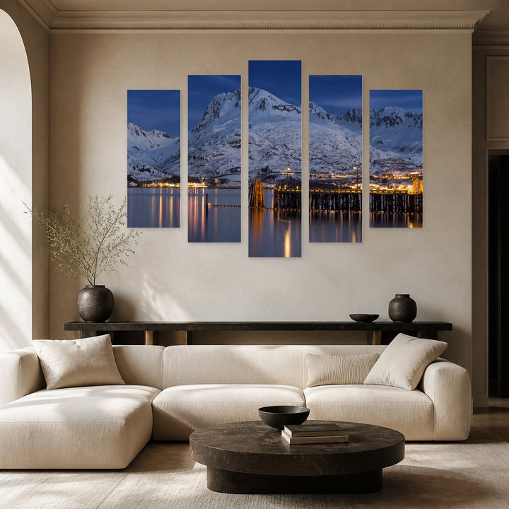 Night View of Valdes City Urban Panorama — five-panel wall art in alternate frontal interior | 5wallart 52550 M4