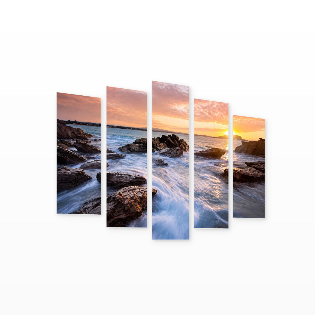 Sunrise on an Australian Beach in Serene Light — five-panel wall art on white background in perspective | 5wallart 52555 M1