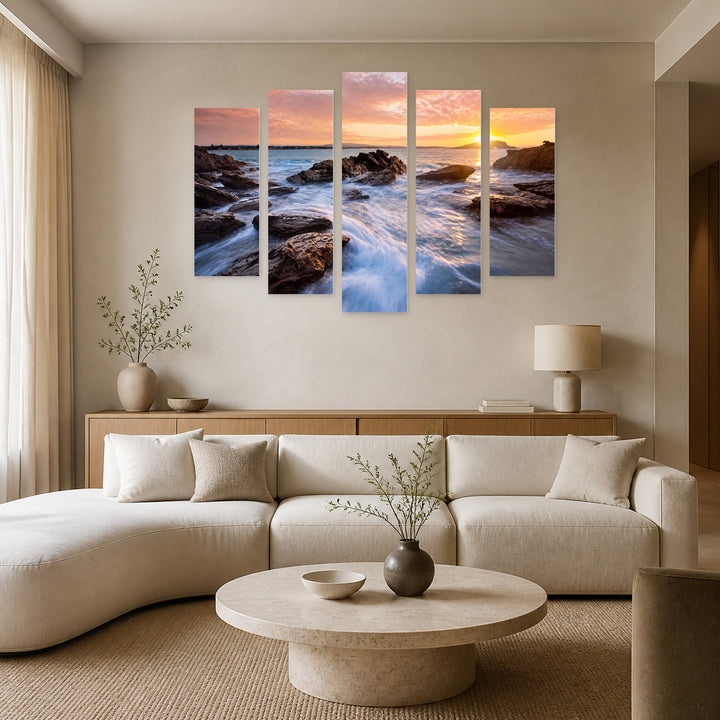 Sunrise on an Australian Beach in Serene Light — five-panel wall art in frontal interior | 5wallart 52555 M3