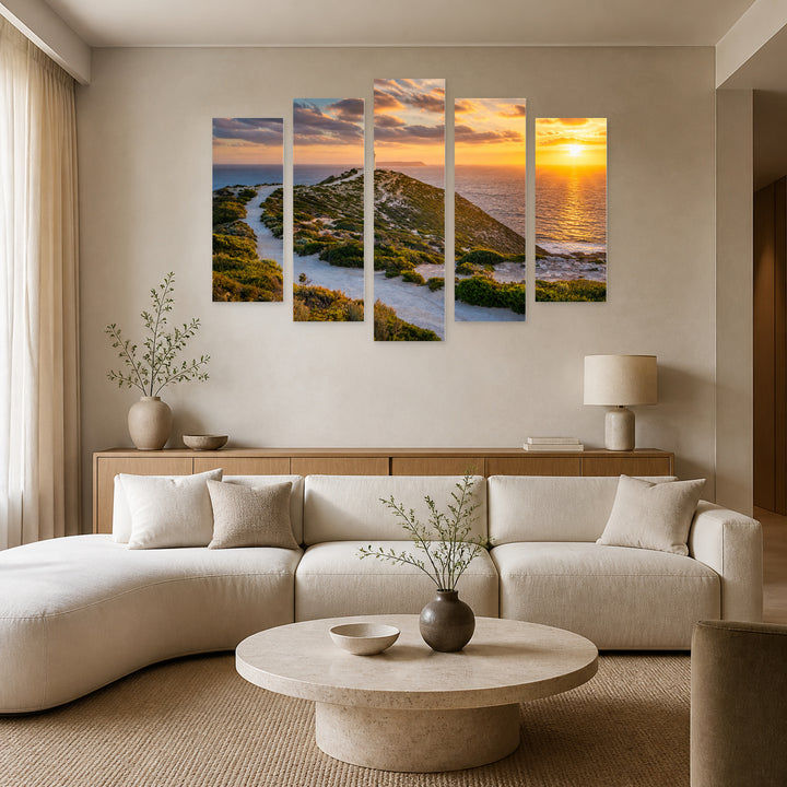 Golden Sunset over Cape Spencer — five-panel wall art in alternate frontal interior | 5wallart 52562 M4