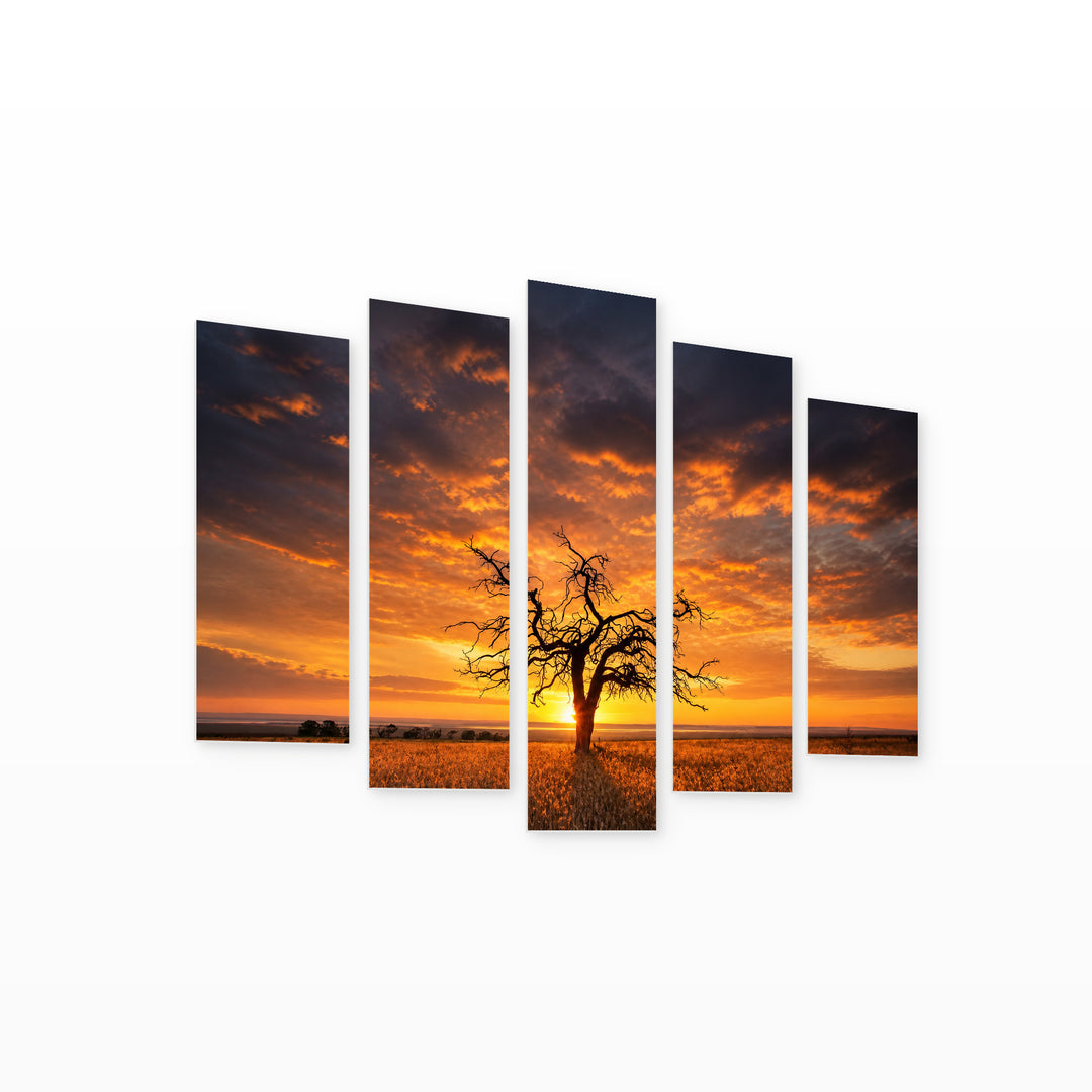 Tree Silhouette at Golden Sunset — five-panel wall art on white background in perspective | 5wallart 52564 M1