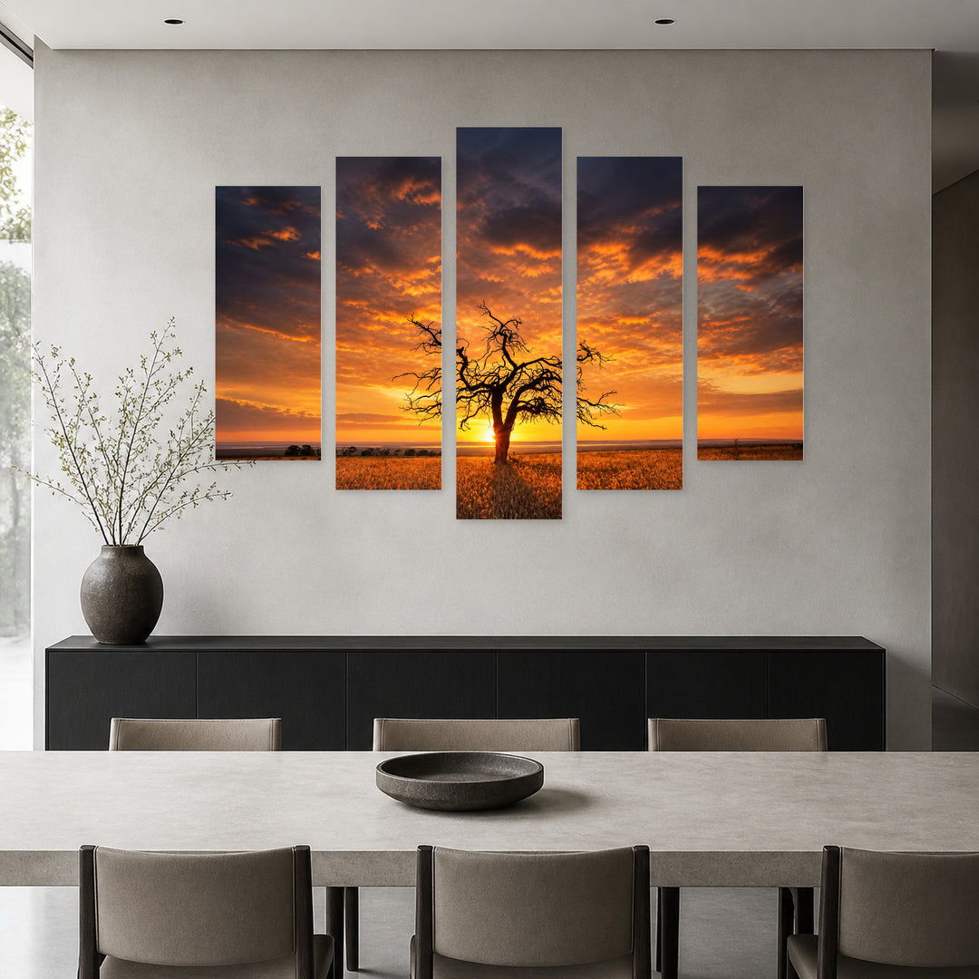 Tree Silhouette at Golden Sunset — five-panel wall art in frontal interior | 5wallart 52564 M3