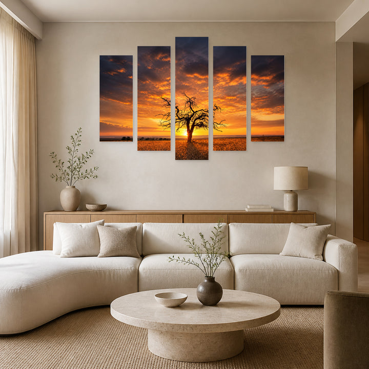 Tree Silhouette at Golden Sunset — five-panel wall art in alternate frontal interior | 5wallart 52564 M4