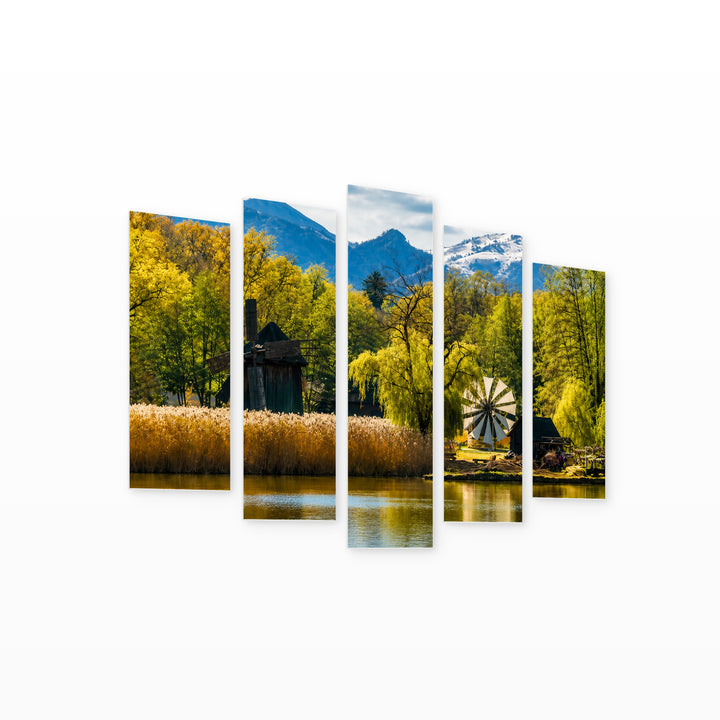 Windmills at the Astra Ethnographic Museum Urban Panorama — five-panel wall art on white background in perspective | 5wallart 52567 M1