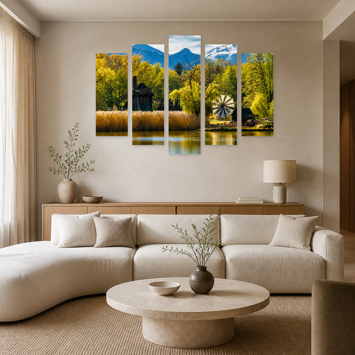 Windmills at the Astra Ethnographic Museum Urban Panorama — five-panel wall art in frontal interior | 5wallart 52567 M3