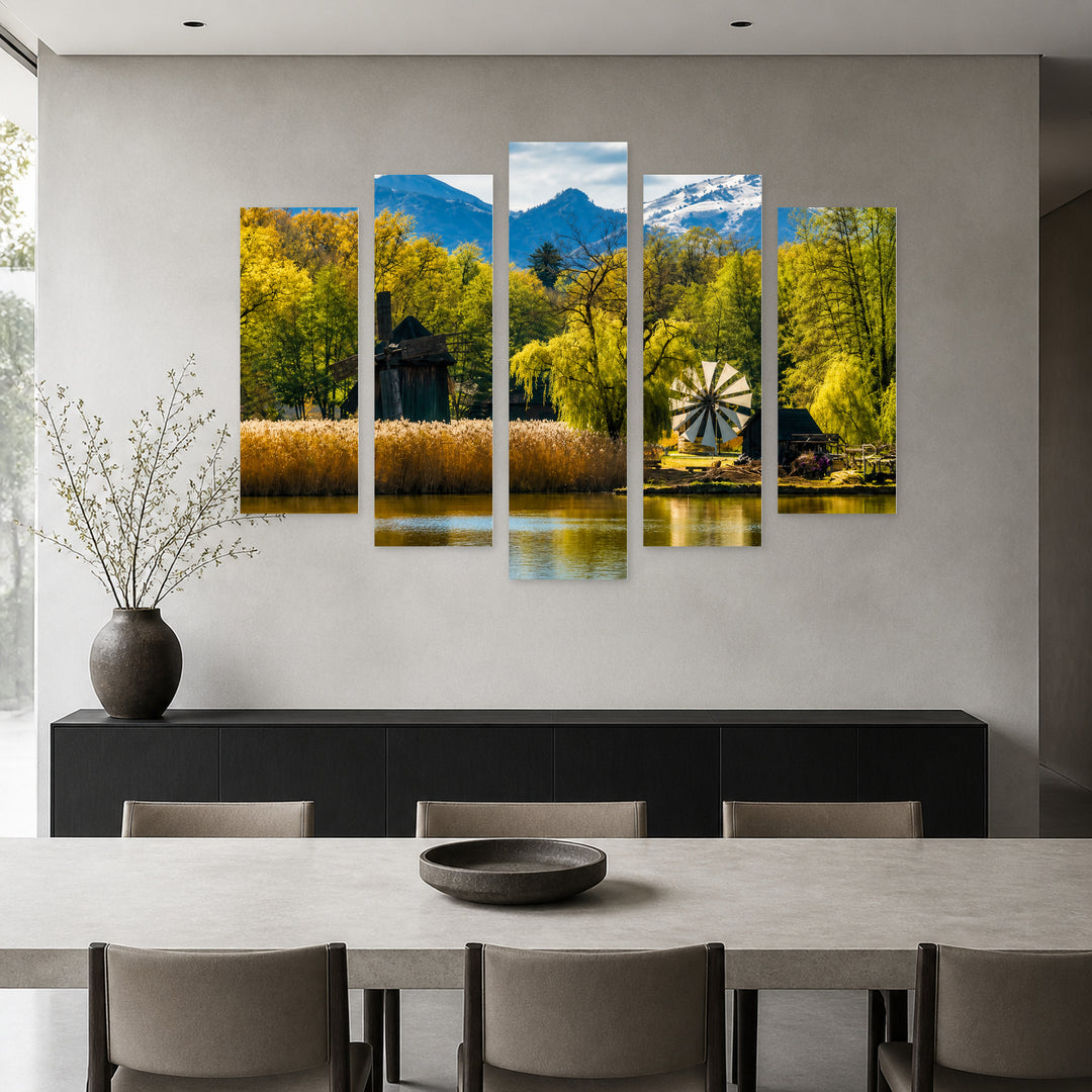 Windmills at the Astra Ethnographic Museum Urban Panorama — five-panel wall art in alternate frontal interior | 5wallart 52567 M4