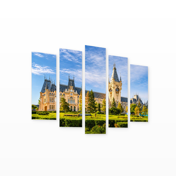 Palace of Culture with Geometric Rhythm — five-panel wall art on white background in perspective | 5wallart 52568 M1