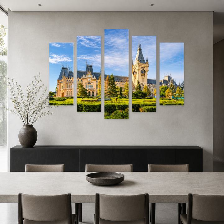 Palace of Culture with Geometric Rhythm — five-panel wall art in frontal interior | 5wallart 52568 M3