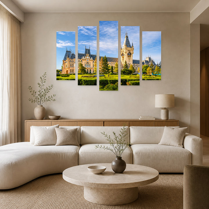 Palace of Culture with Geometric Rhythm — five-panel wall art in alternate frontal interior | 5wallart 52568 M4