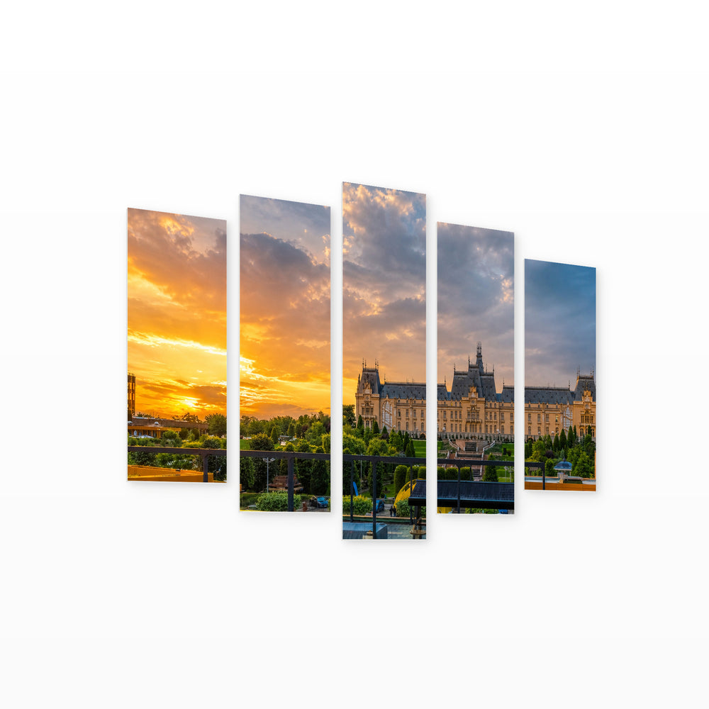 Sunset at the Central Square with Dreamlike Atmosphere — five-panel wall art on white background in perspective | 5wallart 52569 M1