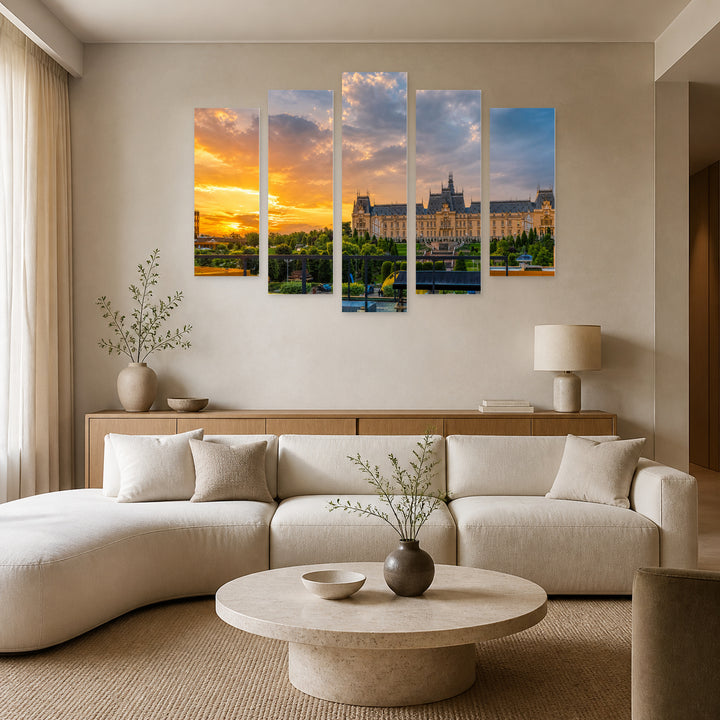 Sunset at the Central Square with Dreamlike Atmosphere — five-panel wall art in frontal interior | 5wallart 52569 M3