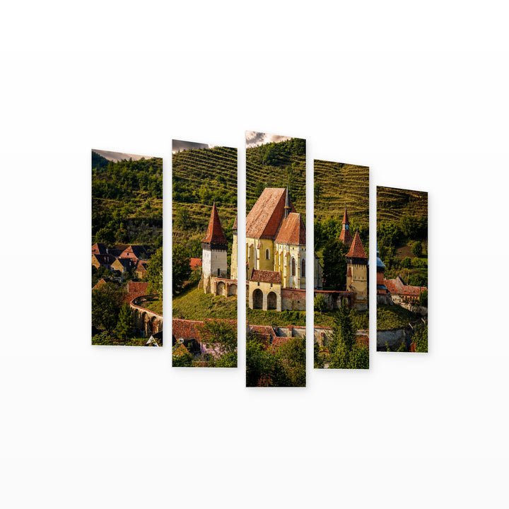 Medieval Architecture of Biertan with Dramatic Contrast — five-panel wall art on white background in perspective | 5wallart 52570 M1